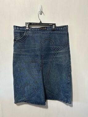 Vintage y2k Rivelino Denim Midi Skirt with Curved Stitch Detailing